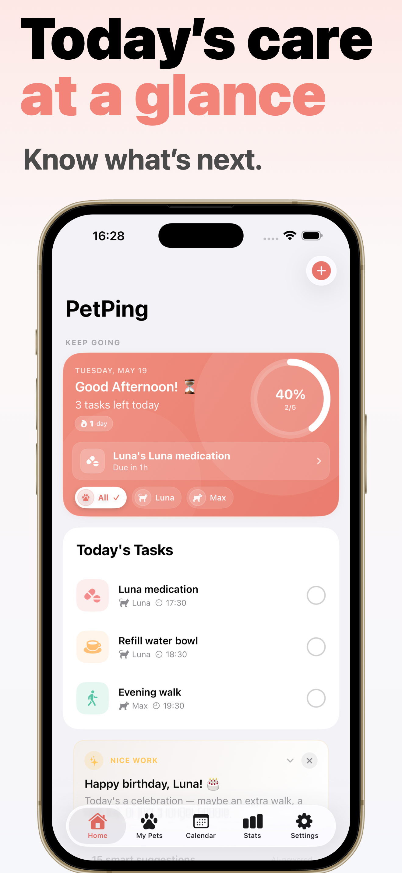 PetPing home screen showing today's pet care tasks